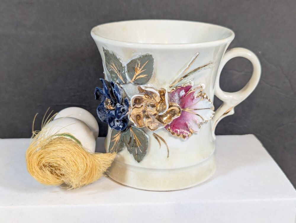 Vtg Germany Porcelain Mustache Cup Gold Gilt Raised Floral 3 3/4" and Brush